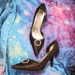 LAST CHANCE - BROWN SATIN PUMPS 7.5 Caparros Buckle Silver Heels Pointy Witch